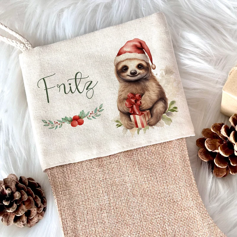 Personalisierter Weihnachtsstrumpf Faultier für Mädchen, Jungen, Teenager mit Namen zu Nikolaus und Weihnachten | Nikolausstrumpf Geschenkidee für Kinder I 7 Motivvarianten zur Auswahl
