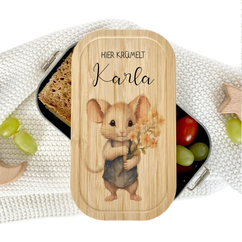 Lunchbox "Maus" wählbar in Edelstahl mit Bambusdeckel und Namen für Kinder | Brotdose mit Maus Motiv | Personalisiertes Geschenk für Kinder