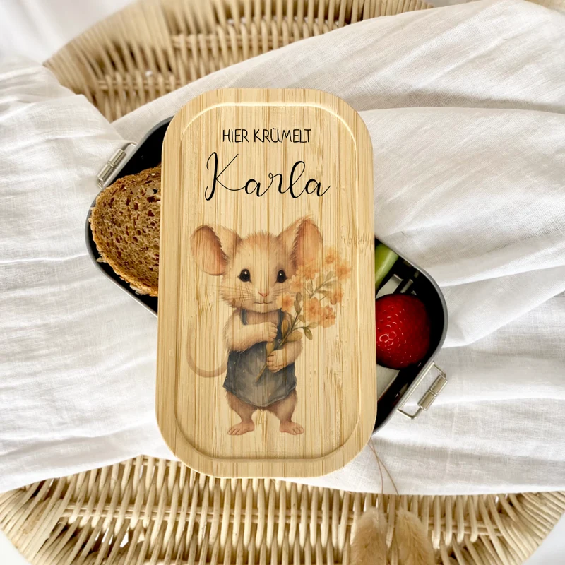 Lunchbox "Maus" wählbar in Edelstahl mit Bambusdeckel und Namen für Kinder | Brotdose mit Maus Motiv | Personalisiertes Geschenk für Kinder