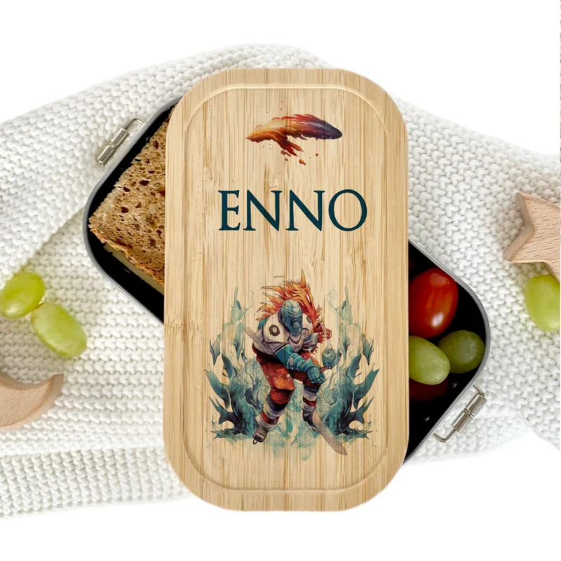 Lunchbox "Eishockey" wählbar in Edelstahl mit Bambusdeckel und Namen für Kinder | Brotbox mit Eishockey Motiv | Personalisiertes Geschenk für Kinder