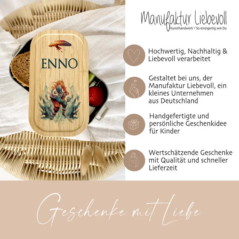 Lunchbox "Eishockey" wählbar in Edelstahl mit Bambusdeckel und Namen für Kinder | Brotbox mit Eishockey Motiv | Personalisiertes Geschenk für Kinder