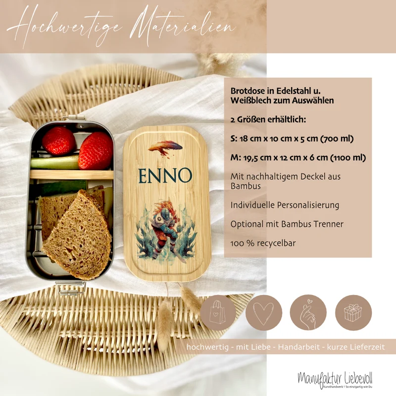 Lunchbox "Eishockey" wählbar in Edelstahl mit Bambusdeckel und Namen für Kinder | Brotbox mit Eishockey Motiv | Personalisiertes Geschenk für Kinder