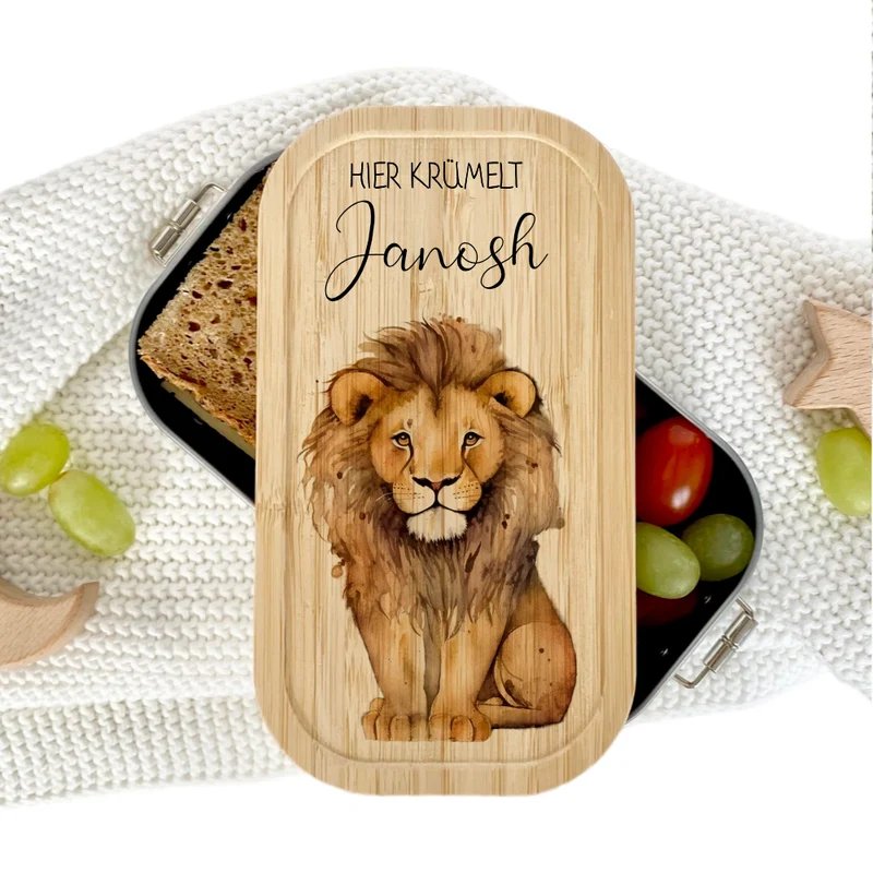 Brotdose "Löwe" wählbar in Edelstahl mit Bambusdeckel und Namen für Kinder | Brotdose mit Tier Safari Motiv | Personalisiertes Geschenk für Kinder