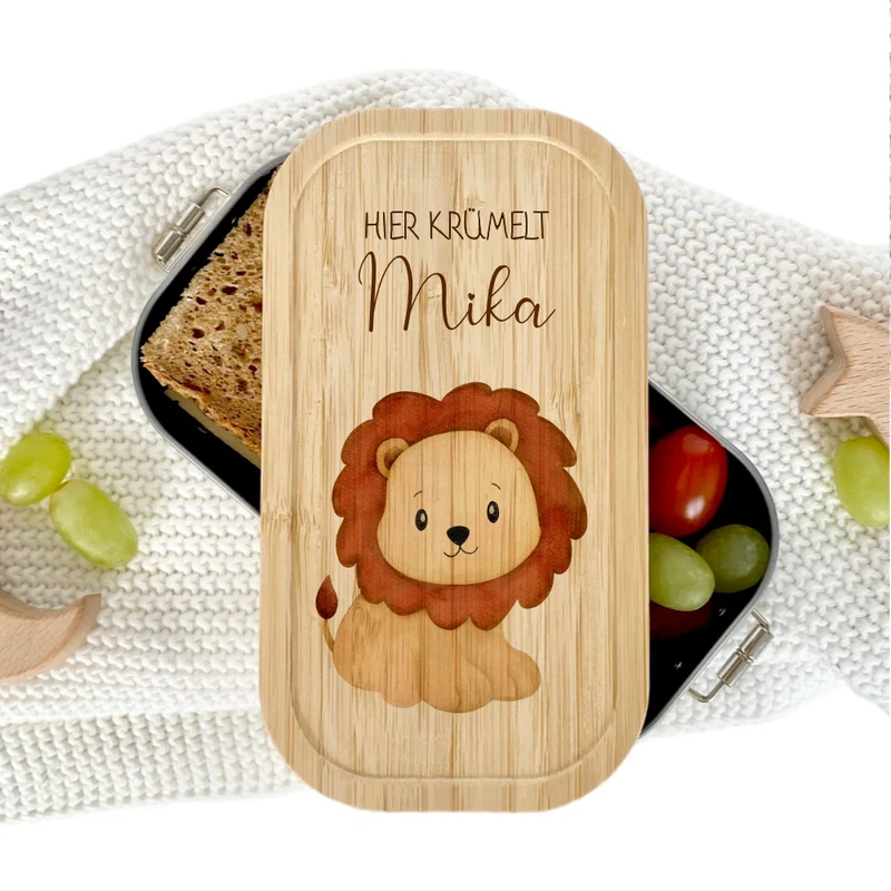 Lunchbox "Löwe" wählbar in Edelstahl mit Bambusdeckel und Namen für Kinder | Brotdose mit Tier Safari Motiv | Personalisiertes Geschenk für Kinder