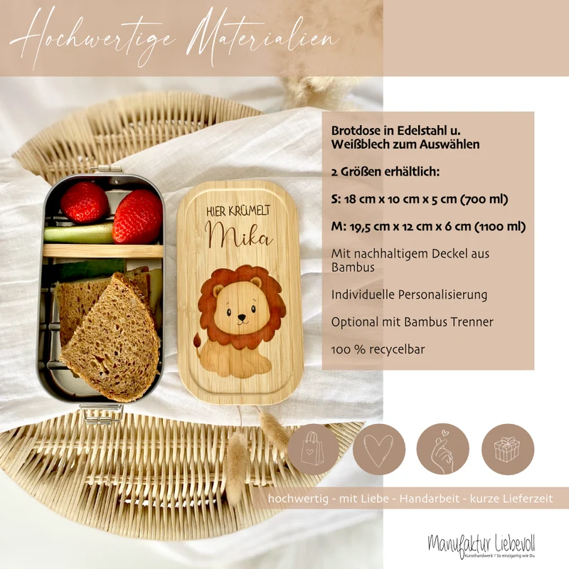 Lunchbox "Löwe" wählbar in Edelstahl mit Bambusdeckel und Namen für Kinder | Brotdose mit Tier Safari Motiv | Personalisiertes Geschenk für Kinder