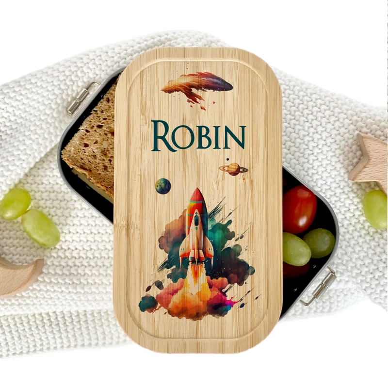 Lunchbox "Rakete" wählbar in Edelstahl mit Bambusdeckel und Namen für Kinder | Brotdose mit Weltraum Motiv | Personalisiertes Geschenk für Kinder