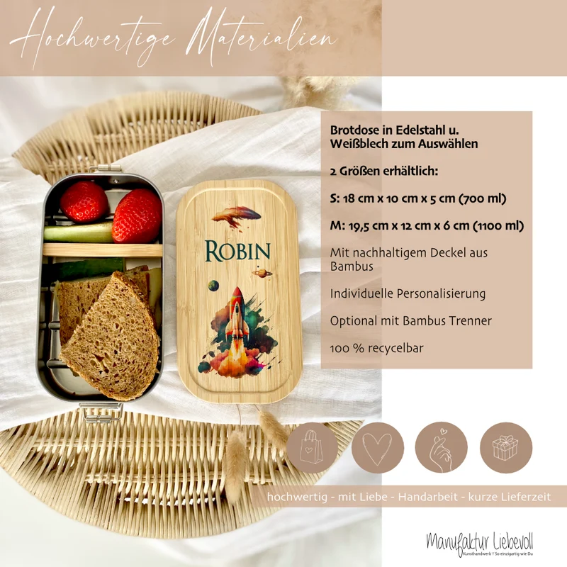 Lunchbox "Rakete" wählbar in Edelstahl mit Bambusdeckel und Namen für Kinder | Brotdose mit Weltraum Motiv | Personalisiertes Geschenk für Kinder