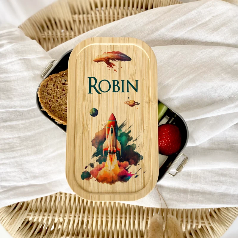 Lunchbox "Rakete" wählbar in Edelstahl mit Bambusdeckel und Namen für Kinder | Brotdose mit Weltraum Motiv | Personalisiertes Geschenk für Kinder