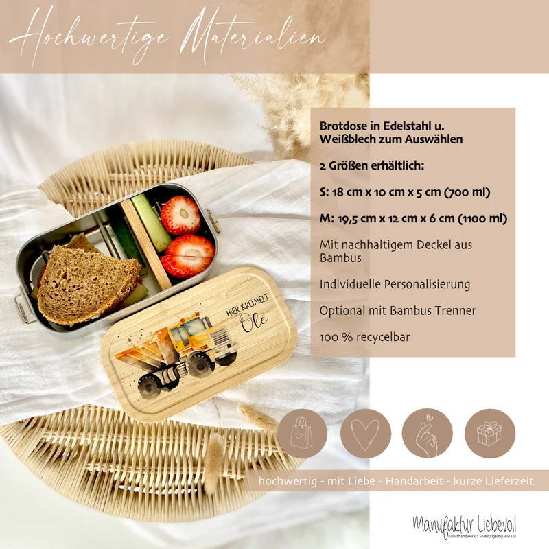 Lunchbox "LKW" wählbar in Edelstahl mit Bambusdeckel und Namen für Kinder | Brotbox mit Kipper, Baufahrzeug Motiv | Personalisiertes Geschenk für Kinder