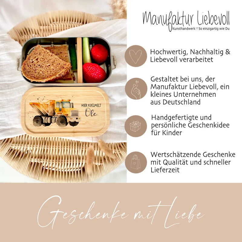 Lunchbox "LKW" wählbar in Edelstahl mit Bambusdeckel und Namen für Kinder | Brotbox mit Kipper, Baufahrzeug Motiv | Personalisiertes Geschenk für Kinder