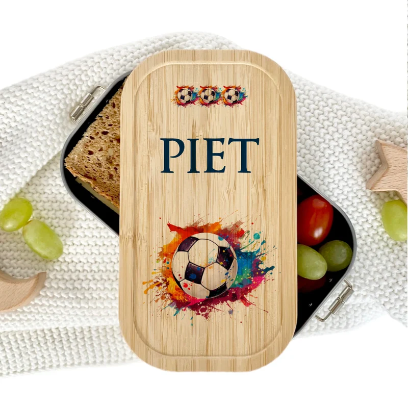 Lunchbox "Fußball" wählbar in Edelstahl mit Bambusdeckel und Namen für Kinder | Brotbox mit Fußball Motiv | Personalisiertes Geschenk für Kinder