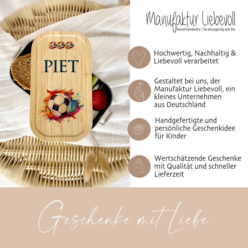 Lunchbox "Fußball" wählbar in Edelstahl mit Bambusdeckel und Namen für Kinder | Brotbox mit Fußball Motiv | Personalisiertes Geschenk für Kinder