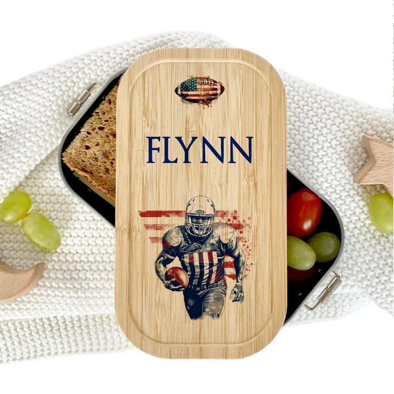 Brotdose "Football" wählbar in Edelstahl mit Bambusdeckel und Namen für Kinder und Teenager | Brotbox mit Footballspieler | Personalisiertes Geschenk für Kinder
