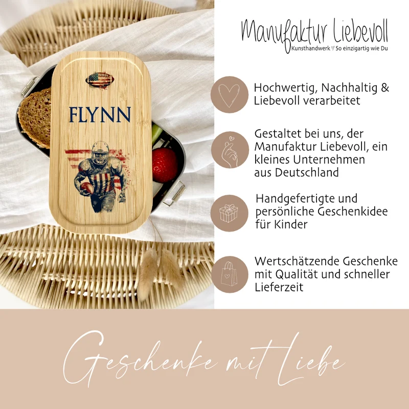 Brotdose "Football" wählbar in Edelstahl mit Bambusdeckel und Namen für Kinder und Teenager | Brotbox mit Footballspieler | Personalisiertes Geschenk für Kinder
