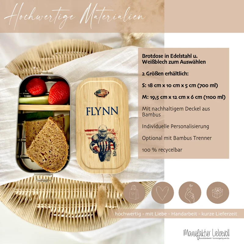 Brotdose "Football" wählbar in Edelstahl mit Bambusdeckel und Namen für Kinder und Teenager | Brotbox mit Footballspieler | Personalisiertes Geschenk für Kinder