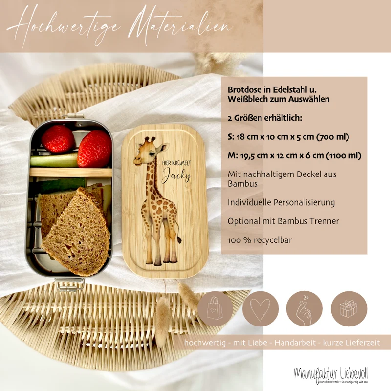Brotdose "Safari" wählbar in Edelstahl mit Bambusdeckel und Namen für Kinder | Lunchbox "Giraffe" | Personalisiertes Geschenk für Kinder