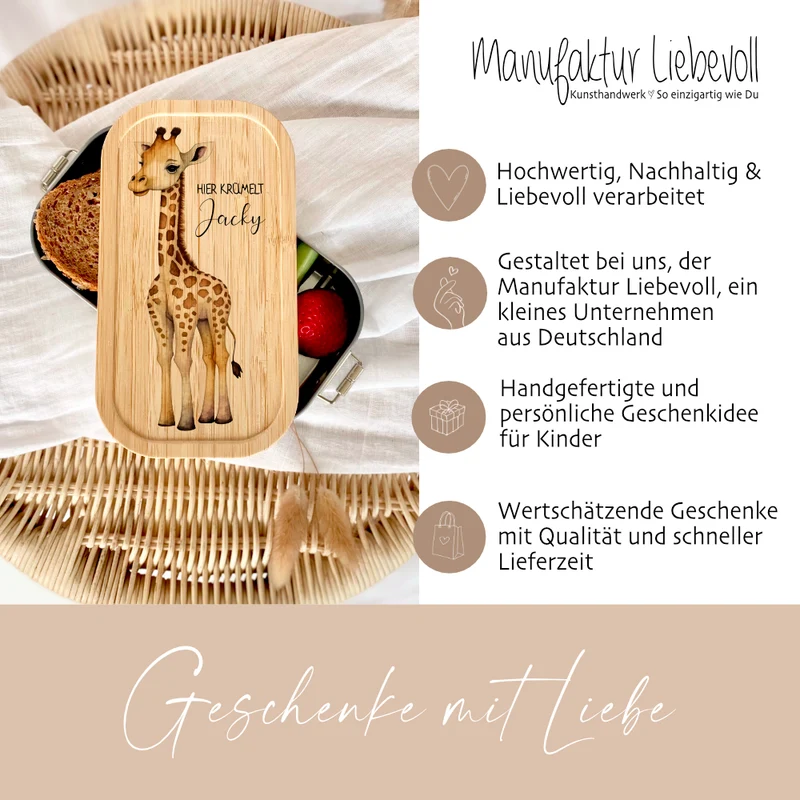 Brotdose "Safari" wählbar in Edelstahl mit Bambusdeckel und Namen für Kinder | Lunchbox "Giraffe" | Personalisiertes Geschenk für Kinder