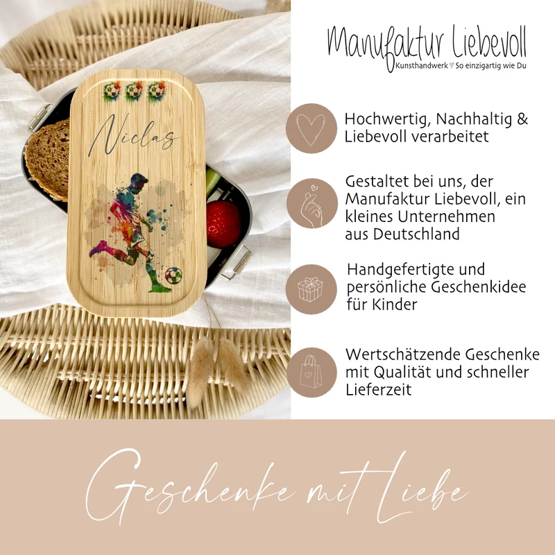Brotdose "Fußballspieler" wählbar in Edelstahl mit Bambusdeckel und Namen für Kinder | Brotbox mit Fußball Motiv | Personalisiertes Geschenk für Kinder