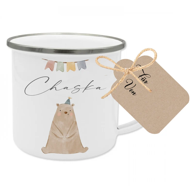 Personalisierte Kindertasse aus Emaille mit Bär