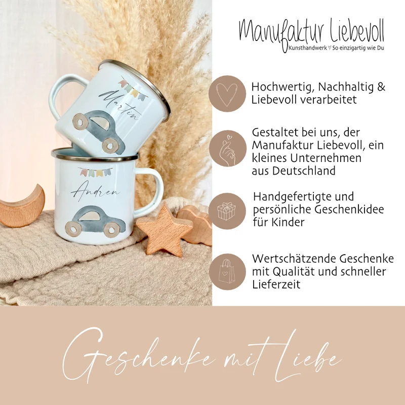 Personalisierte Kindertasse aus Emaille mit einem Auto