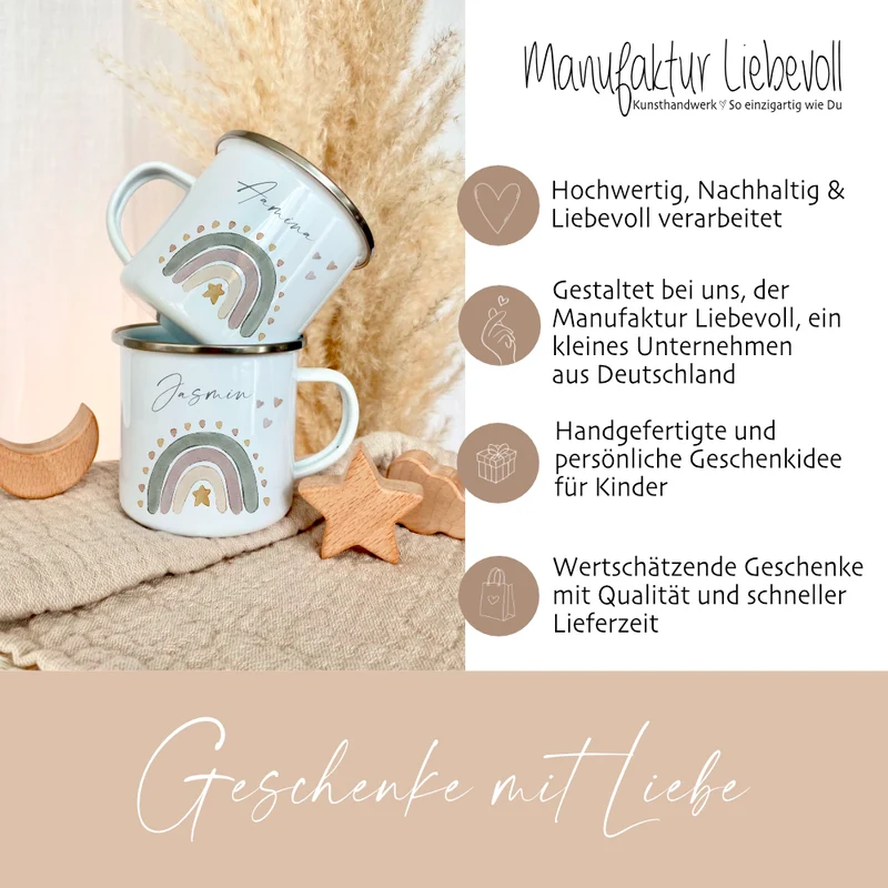 Personalisierte Kindertasse aus Emaille mit einem Regenbogen