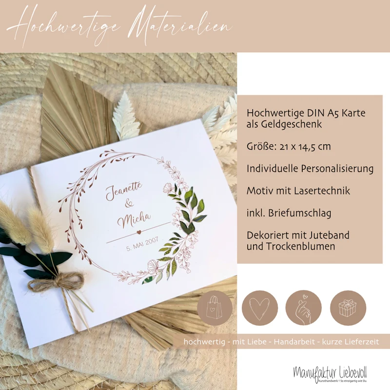 Personalisierte Hochzeitskarte Namen Datum Spruch I Geldgeschenk Karte Hochzeit I Hochzeitsgeschenk Blumen Kranz I persönliches Geschenk Trauung