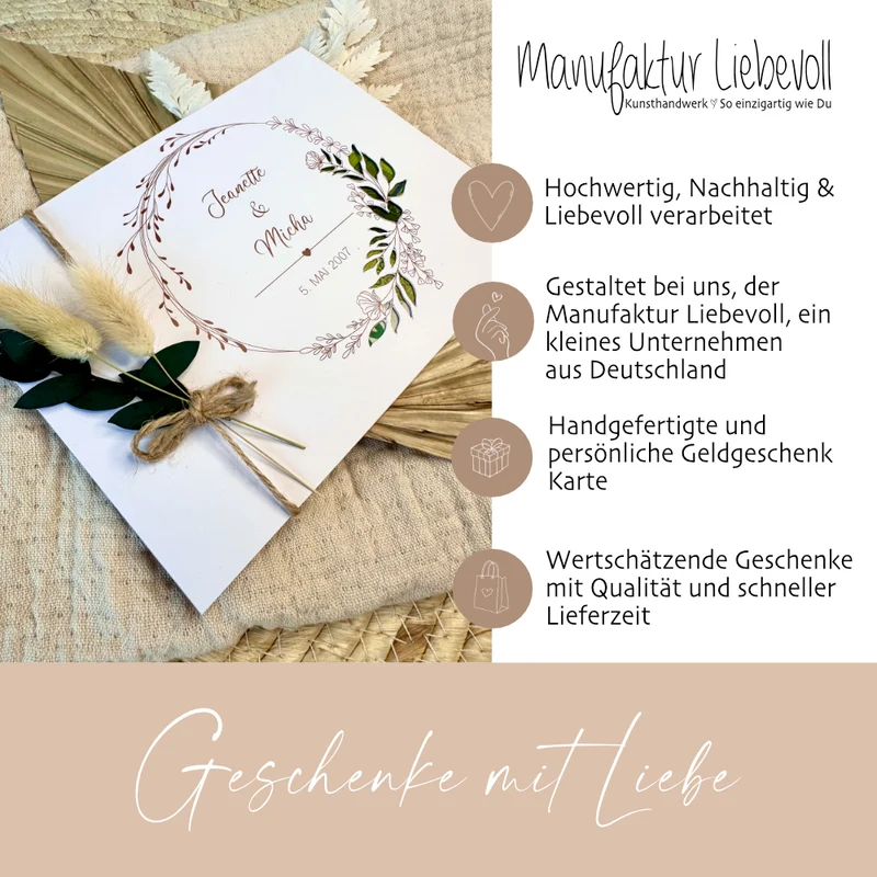 Personalisierte Hochzeitskarte Namen Datum Spruch I Geldgeschenk Karte Hochzeit I Hochzeitsgeschenk Blumen Kranz I persönliches Geschenk Trauung