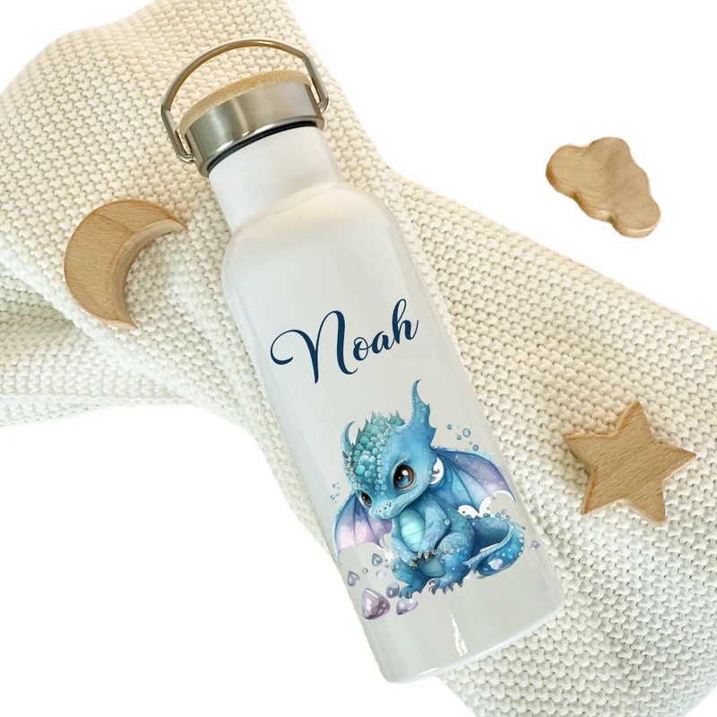 Personalisierte Kinder Trinkflasche „Drache Fabelwesen" mit Namen für Jungen u. Mädchen I Edelstahl Thermosflasche für Kita Schule 500ml