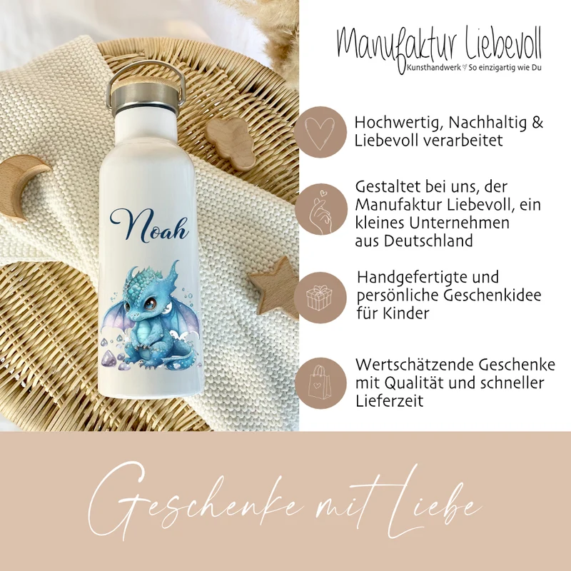 Personalisierte Kinder Trinkflasche „Drache Fabelwesen" mit Namen für Jungen u. Mädchen I Edelstahl Thermosflasche für Kita Schule 500ml