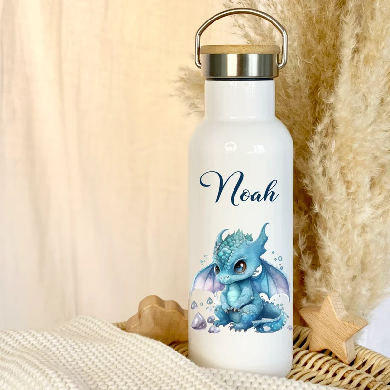 Personalisierte Kinder Trinkflasche „Drache Fabelwesen" mit Namen für Jungen u. Mädchen I Edelstahl Thermosflasche für Kita Schule 500ml