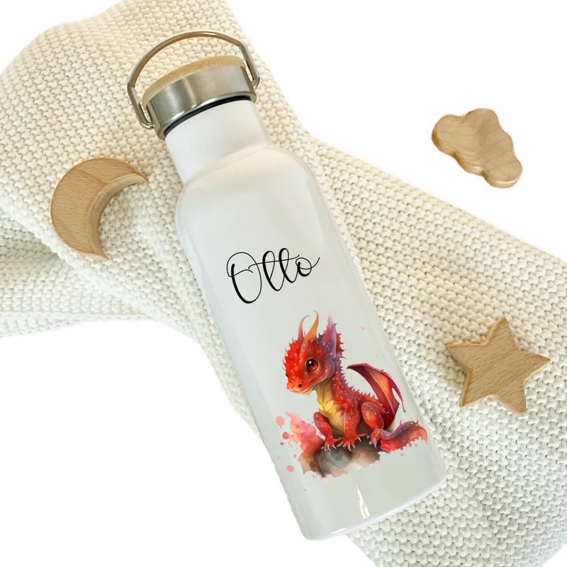Personalisierte Kinder Trinkflasche "Drache" für Jungen / Mädchen mit Namen | Edelstahl Thermosflasche Dino mit Bambusdeckel | Kita Schule 500ml