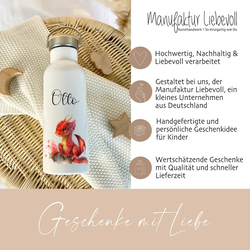Personalisierte Kinder Trinkflasche "Drache" für Jungen / Mädchen mit Namen | Edelstahl Thermosflasche Dino mit Bambusdeckel | Kita Schule 500ml