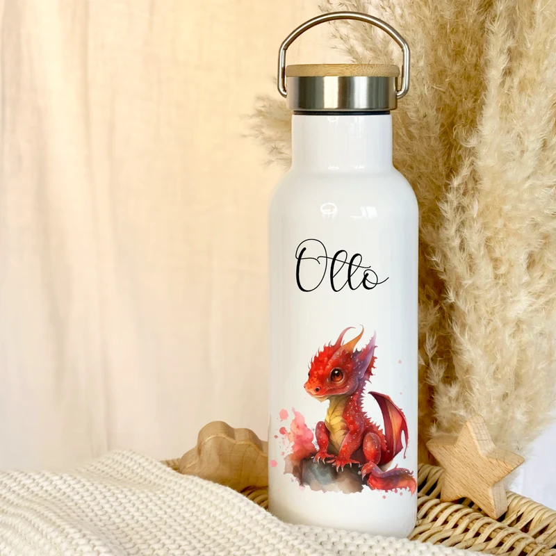 Personalisierte Kinder Trinkflasche "Drache" für Jungen / Mädchen mit Namen | Edelstahl Thermosflasche Dino mit Bambusdeckel | Kita Schule 500ml