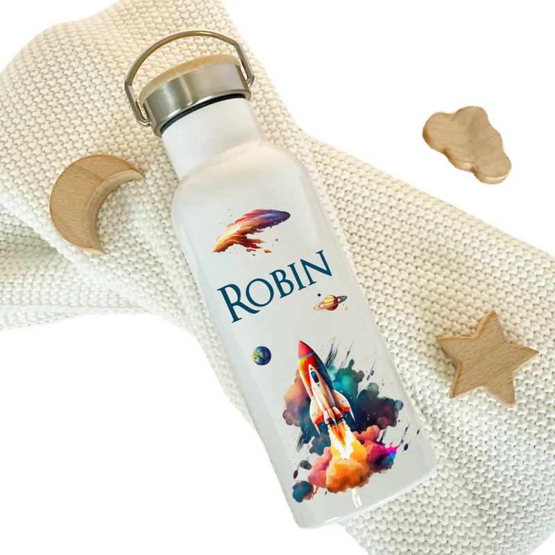 Personalisierte Kinder Trinkflasche "Rakete" für Jungen mit Namen | Thermosflasche Weltraum aus Edelstahl mit Bambusdeckel für Kita Schule | 500ml