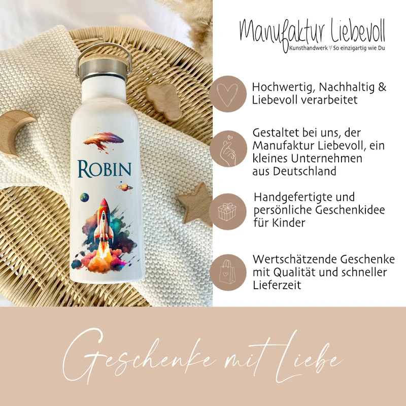 Personalisierte Kinder Trinkflasche "Rakete" für Jungen mit Namen | Thermosflasche Weltraum aus Edelstahl mit Bambusdeckel für Kita Schule | 500ml