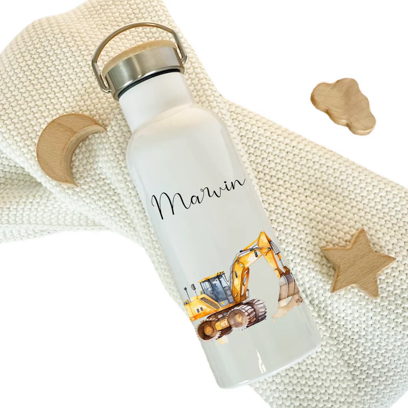 Personalisierte Kinder Trinkflasche "Bagger" für Jungen mit Namen | Thermosflasche Baufahrzeug aus Edelstahl mit Bambusdeckel für Kita | 500ml