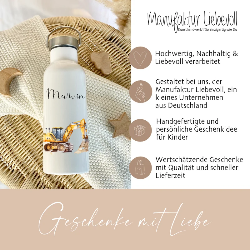 Personalisierte Kinder Trinkflasche "Bagger" für Jungen mit Namen | Thermosflasche Baufahrzeug aus Edelstahl mit Bambusdeckel für Kita | 500ml