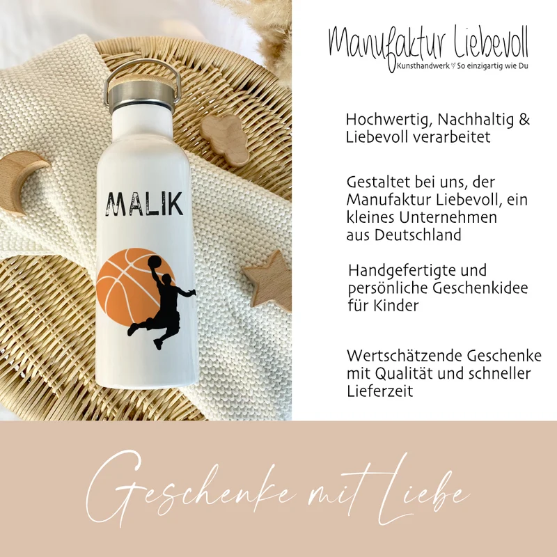 Personalisierte Kinder Trinkflasche "Basketball" für Kinder mit Namen | Thermosflasche Basketballspieler aus Edelstahl mit Bambusdeckel für Jungen & Teenager | 500ml