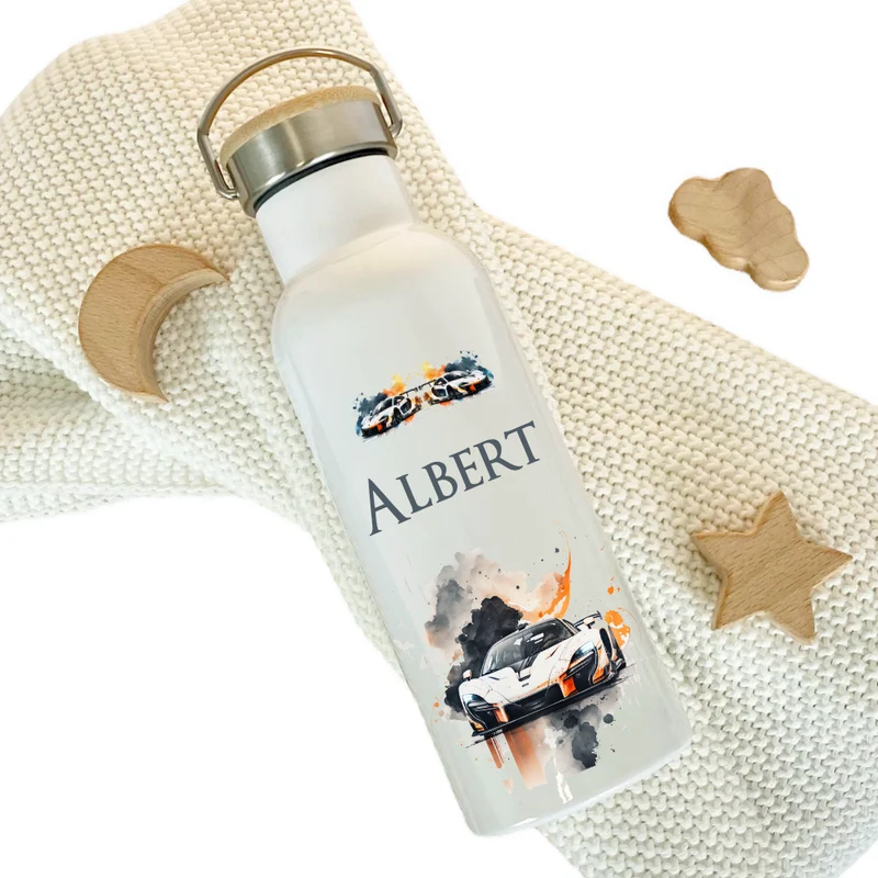Personalisierte Kinder Trinkflasche "Auto" für Kinder mit Namen | Thermosflasche Rennauto aus Edelstahl mit Bambusdeckel für Jungen & Teenager | 500ml