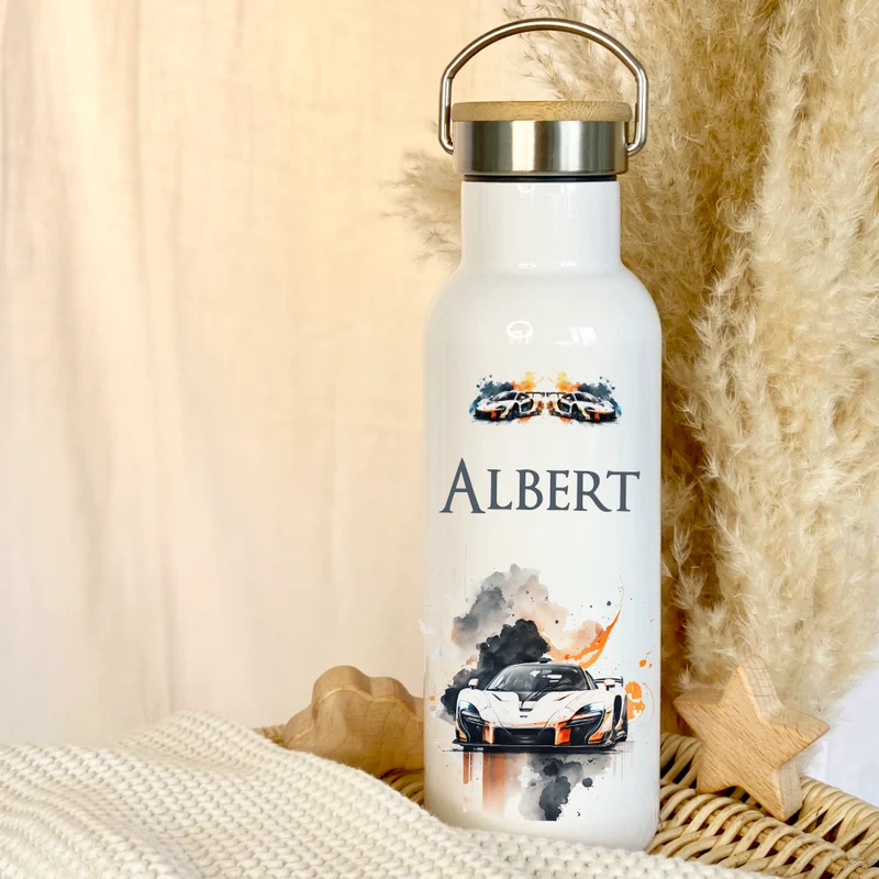 Personalisierte Kinder Trinkflasche "Auto" für Kinder mit Namen | Thermosflasche Rennauto aus Edelstahl mit Bambusdeckel für Jungen & Teenager | 500ml