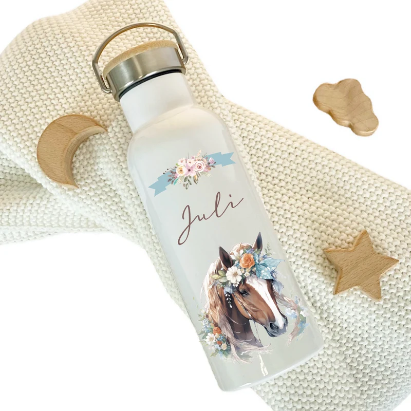 Personalisierte Kinder Trinkflasche "Pferd" für Kinder mit Namen | Thermosflasche Pony aus Edelstahl mit Bambusdeckel für Mädchen Teenager | 500ml
