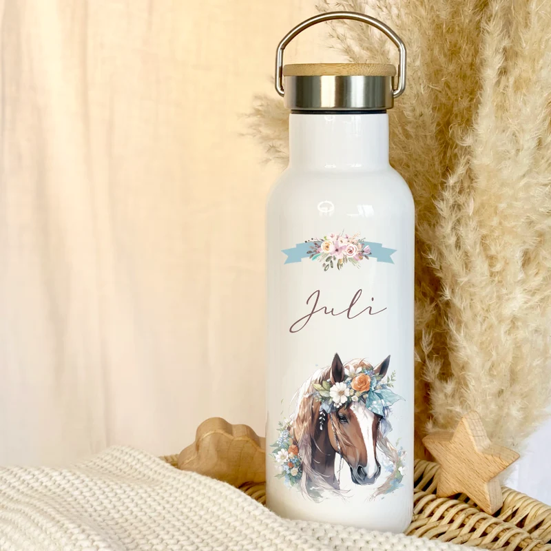Personalisierte Kinder Trinkflasche "Pferd" für Kinder mit Namen | Thermosflasche Pony aus Edelstahl mit Bambusdeckel für Mädchen Teenager | 500ml