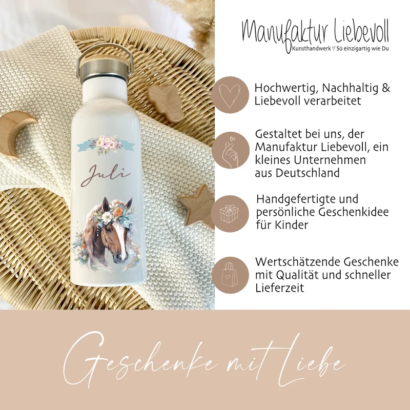 Personalisierte Kinder Trinkflasche "Pferd" für Kinder mit Namen | Thermosflasche Pony aus Edelstahl mit Bambusdeckel für Mädchen Teenager | 500ml
