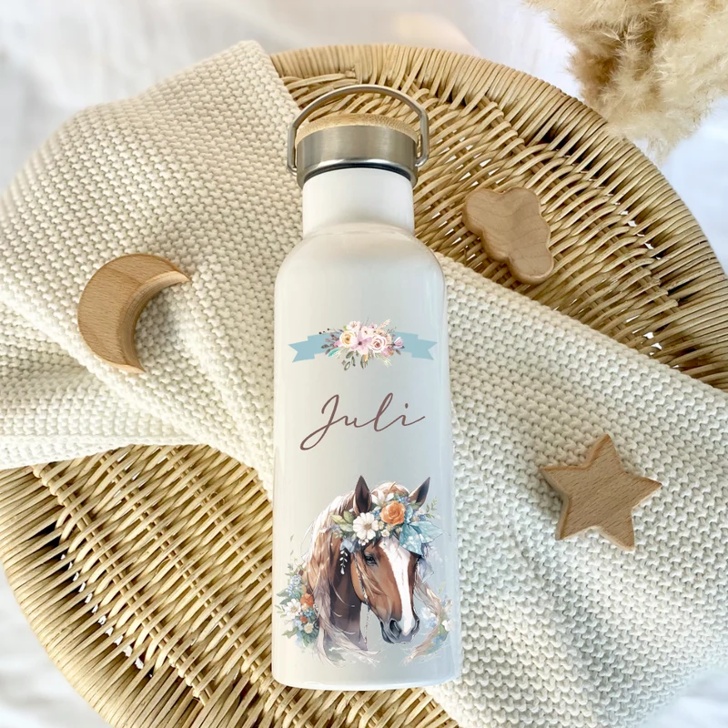 Personalisierte Kinder Trinkflasche "Pferd" für Kinder mit Namen | Thermosflasche Pony aus Edelstahl mit Bambusdeckel für Mädchen Teenager | 500ml