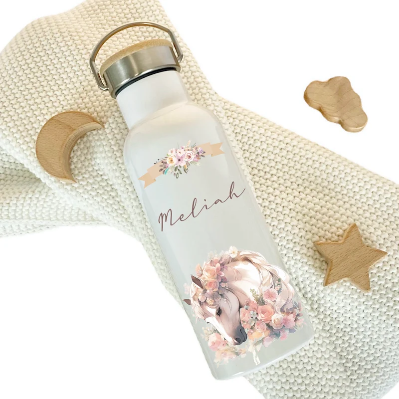 Trinkflasche "Pony" für Kinder mit Namen personalisiert | Pferde Thermosflasche aus Edelstahl mit Bambusdeckel für Mädchen Teenager | 500ml