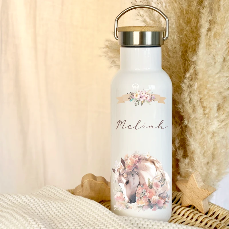 Trinkflasche "Pony" für Kinder mit Namen personalisiert | Pferde Thermosflasche aus Edelstahl mit Bambusdeckel für Mädchen Teenager | 500ml