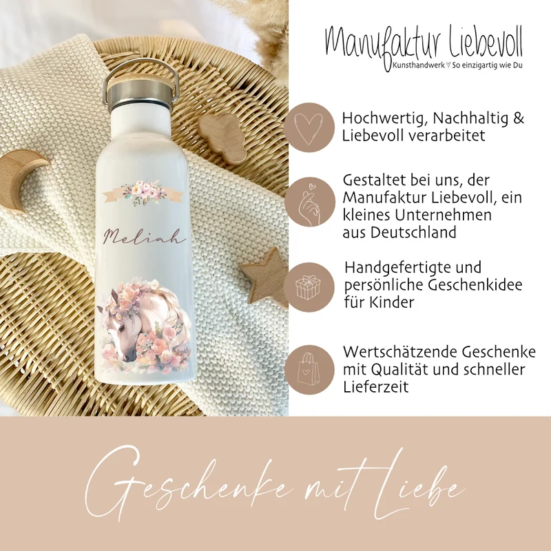Trinkflasche "Pony" für Kinder mit Namen personalisiert | Pferde Thermosflasche aus Edelstahl mit Bambusdeckel für Mädchen Teenager | 500ml