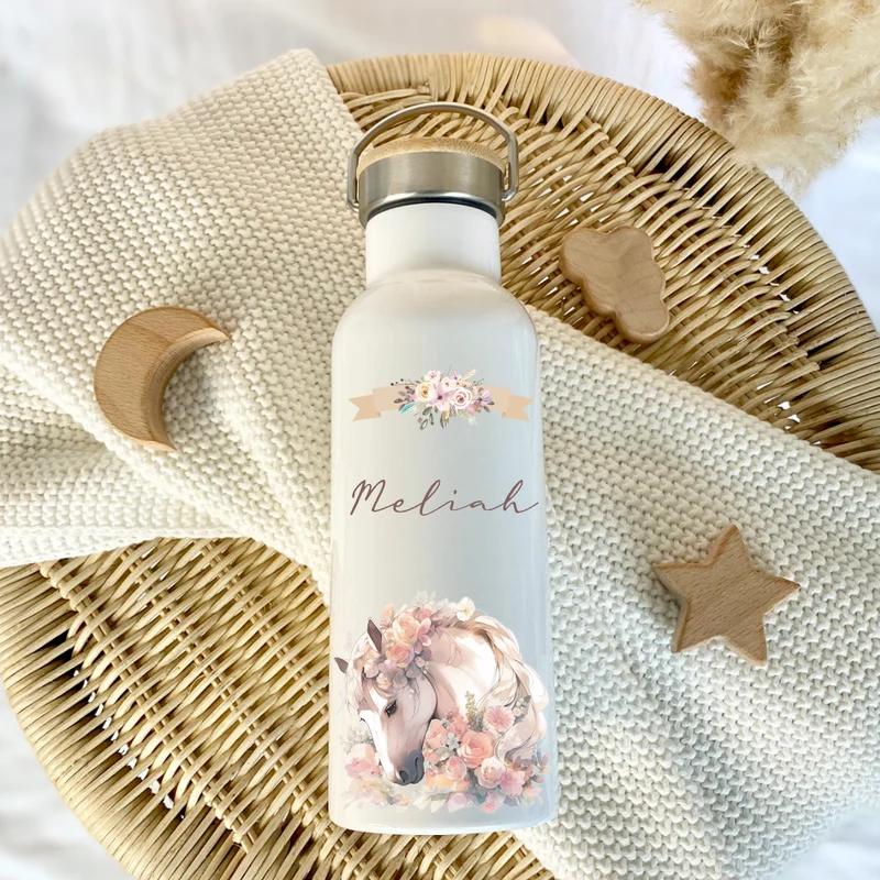 Trinkflasche "Pony" für Kinder mit Namen personalisiert | Pferde Thermosflasche aus Edelstahl mit Bambusdeckel für Mädchen Teenager | 500ml