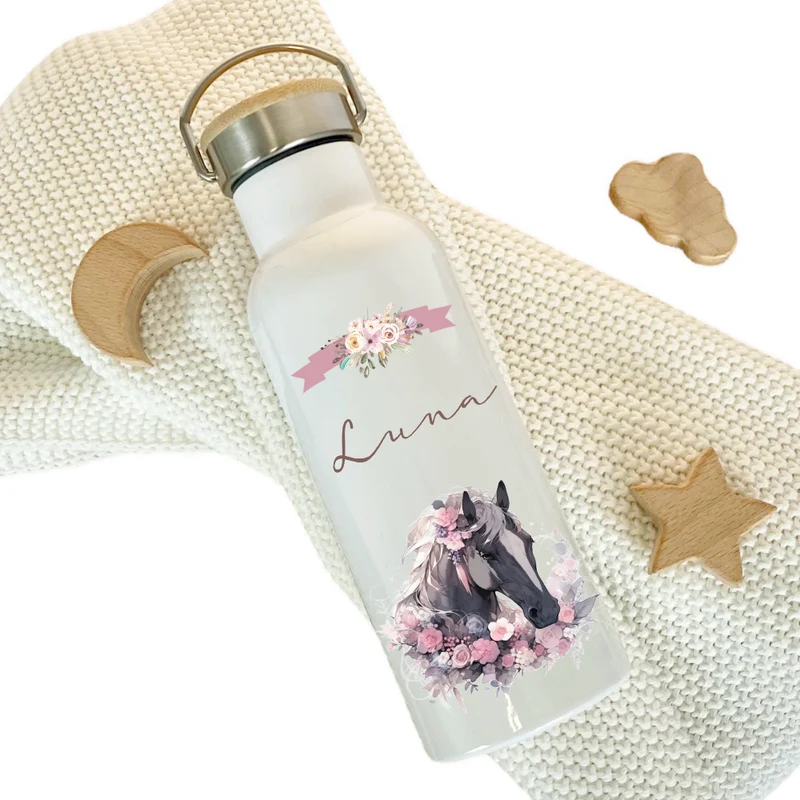 Trinkflasche "Pferd" für Kinder mit Namen personalisiert | Thermosflasche aus Edelstahl mit Bambusdeckel für Mädchen Teenager | 500ml