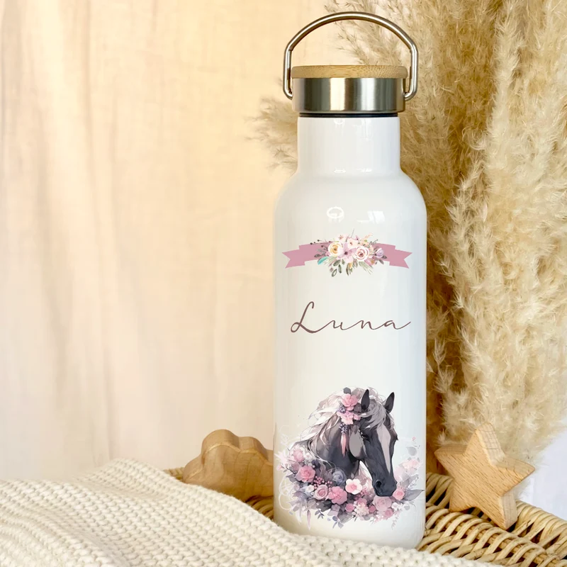 Trinkflasche "Pferd" für Kinder mit Namen personalisiert | Thermosflasche aus Edelstahl mit Bambusdeckel für Mädchen Teenager | 500ml